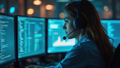 Woman wears headset works in call center office at night. Her computer screens show data and code. She talks to client. She is a support agent.