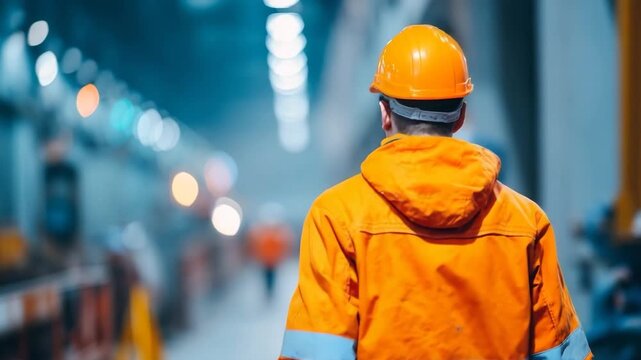 Back view of a construction worker in an orange jacket and hard hat in a tunnel