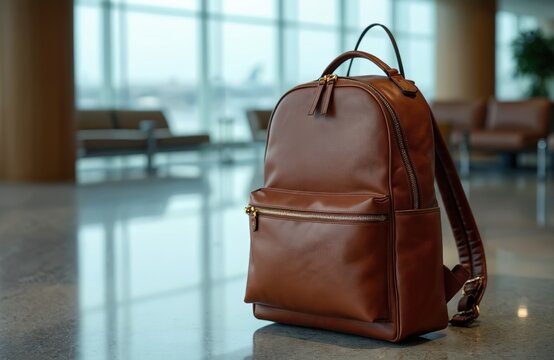 Brown leather backpack sits on airport lounge floor. Modern carry-on bag features golden zippers, dark handles. Stylish luggage awaits travel, shows fashion accessory, trip concept. Interior, travel,