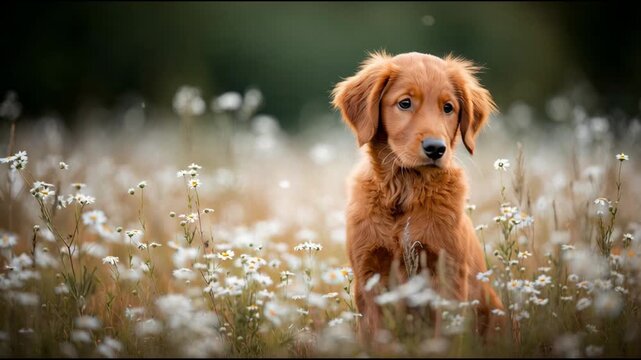 Adorable Golden Puppy Portrait in a Field of Wild Daisies with Soft Bokeh Background