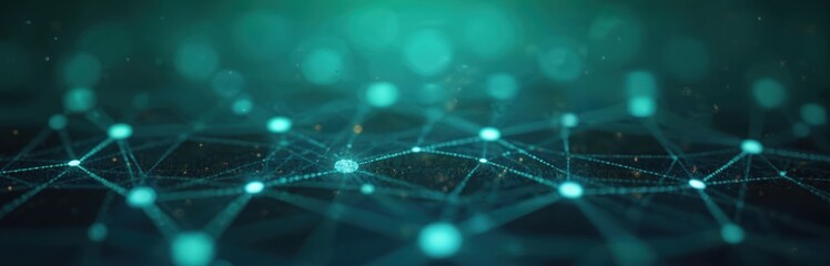 Obraz premium Abstract digital tech network illustration. Interconnected nodes form geometric pattern. Blue green dots linked. Perfect background for presentation about digital innovations data solutions, software
