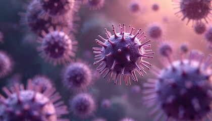 Microscopic virus cells floating in body. Pathogen causing infectious disease, illness. Coronavirus covid-19 outbreak, global pandemic concept. 3D medical illustration for virology research, biology.