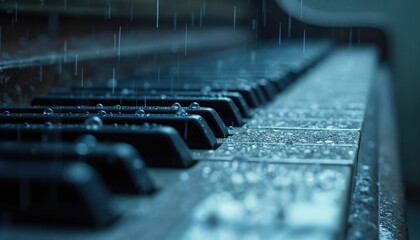 Obraz premium Close up view piano keyboard with raindrops. Rain falls on musical keys. Wet instrument with water drops. Concept of melancholy music in rainy day. Dramatic piano song outside.