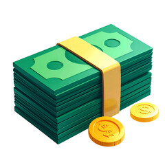 Stylized illustration of a stack of cash wrapped with a gold band and two coins