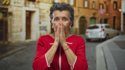 Senior woman with grey hair covering face in surprise while standing on a cobblestone street in an old town, city background visible, wearing a red sweater outdoors.