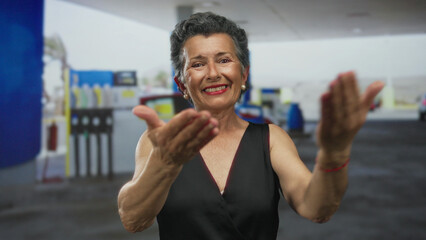 Senior woman with grey hair gestures joyfully outside at a petrol station, highlighting an engaging...