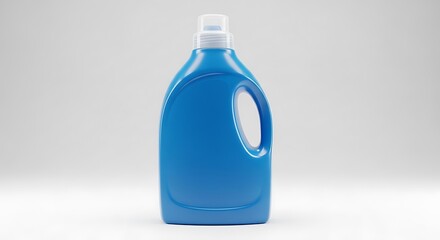Blue plastic bottle with handle for liquid detergent, isolated on white background