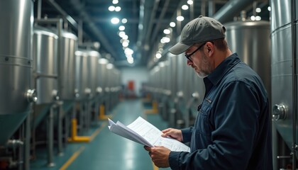 An experienced technician in workwear examines blueprints inside a large industrial facility. He checks technical documentation near steel tanks. The man does system inspection