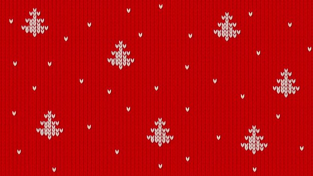Cute seamless 4K loop animation of knitted red background with falling snow and white Christmas trees. Cozy winter textile motion backdrop for holiday greeting, wrapping paper, and festive design