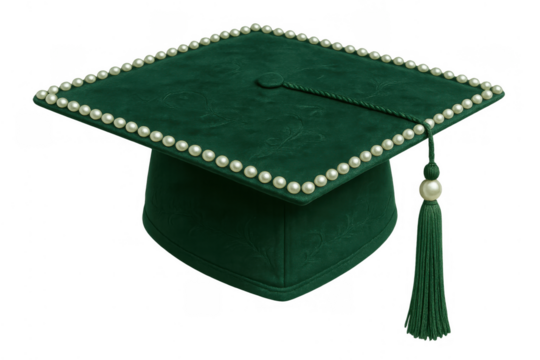 Green velvet graduation mortarboard with pearl trim and tassel representing academic achievement and success