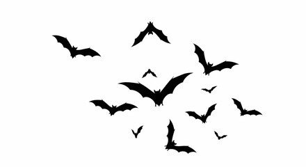 A Spooky Flock of Silhouetted Bats Flying in a Swarm Against a White Background Evoking Halloween Night