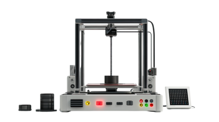 Illustration of a modern 3D printer with grey and black frame for manufacturing prototyping engineering and creative printing technology isolated on white background
