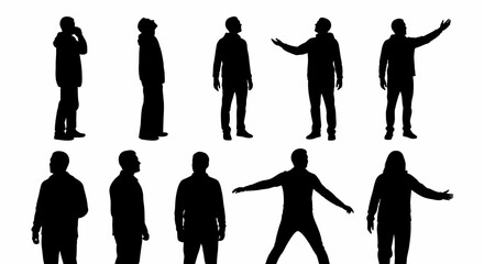 Collection of Diverse Human Silhouettes Displaying Various Poses and Gestures Against a White Background