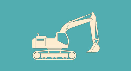 Naklejka premium A minimalist illustration of a cream-colored excavator with a bucket, set against a teal background.