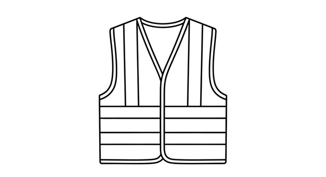 A simple black and white line art illustration of a high-visibility safety vest with reflective stripes.