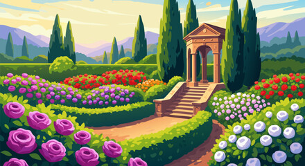 Idyllic Italian Garden with Blooming Roses, Cypress Trees, and a Classical Gazebo, Capturing Serene Landscape Beauty