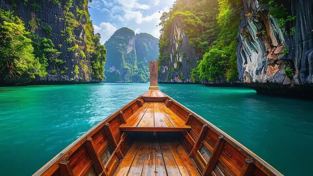 木造船の視点から広がる緑の断崖と澄んだ海の南国の秘境風景