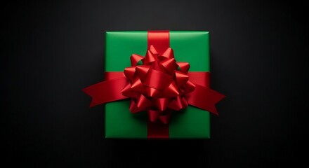Green Christmas gift with red ribbon isolated on black background (2).