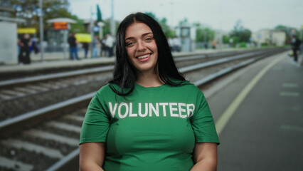 Fototapeta premium Woman, smiling, wearing green volunteer shirt, standing on railway platform, train station, outdoor setting, summer day, representing community and positivity.