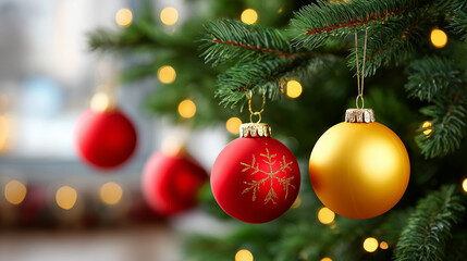 Gold and red christmas ornaments on festive tree. close up christmas baubles with holiday lights