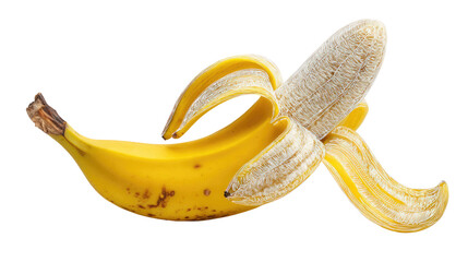 Peeled yellow ripe banana with exposed fruit showcasing freshness natural sweetness and healthy snack appeal isolated on white background
