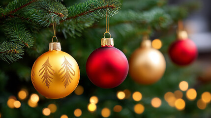 Fototapeta premium Gold and red christmas ornaments on festive tree. close up christmas baubles with holiday lights