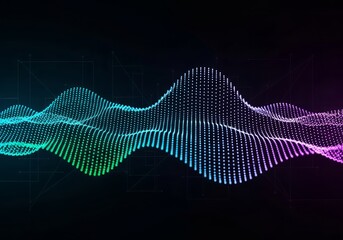 Abstract waves of colorful dots on a black background with a subtle grid pattern in the back