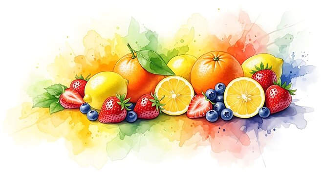 Watercolor Fruit Medley - Vibrant Citrus and Berries.