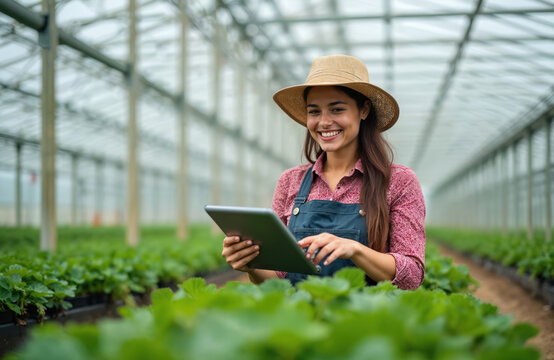 Happy young woman farmer smiles, working in a modern strawberry greenhouse. She uses a digital tablet to manage plants. This smart farm integrates tech, eco methods, and crop care for good harvest.