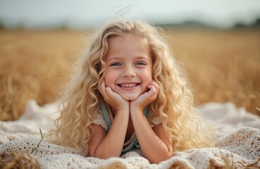 Cute little girl with long curly blonde hair smiles happily in wheat field. Adorable child lies on knitted blanket outdoors. Happy kid with blue eyes enjoys sunny summer day, feeling free, joyful in