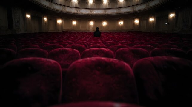 A lone silhouetted figure sits in the vast empty red velvet seats of an ornate vintage theater auditorium