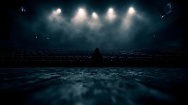 A lone figure sits in a darkened empty theater illuminated by spotlights and smoke