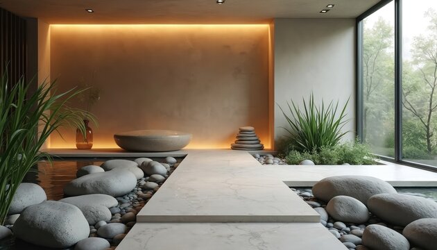 Tranquil zen spa interior with water and stones. Peaceful retreat with rock stack, plants, and natural light. Serene space for wellness treatments offers relaxation and rejuvenation in modern design. - Powered by Adobe