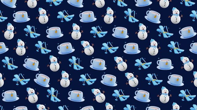 4K Seamless Cute Winter Pattern 3D Animation with Snowman Skis and Hot Tea Mugs