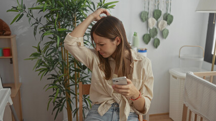 Woman pinches nose while holding phone and scrolling, seated amid crib and houseplant in nursery...