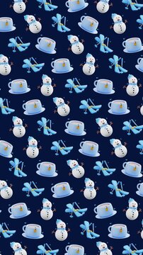 4K Cozy Winter Snowman Tea and Ski Gear Seamless Pattern 3D Animation Background