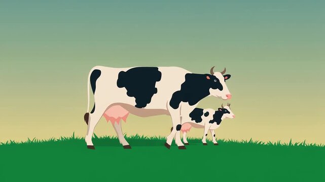 A heartwarming vector illustration of a mother cow tenderly nursing her adorable calf in a serene green pasture at dawn