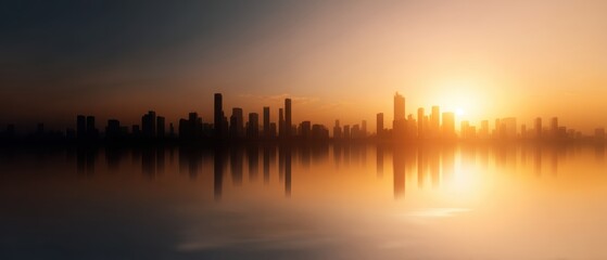 Obraz na płótnie Canvas Sunset view of city skyline with golden reflections symbol of growth and business success