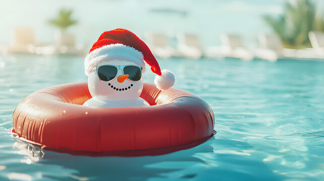 A snowman wearing a Santa hat floats on an inflatable ring in a pool on a sunny day - creative winter photography