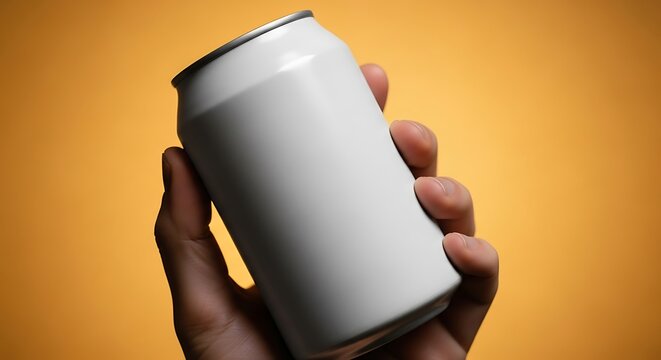 Hand holding a blank white soda can against a warm yellow background