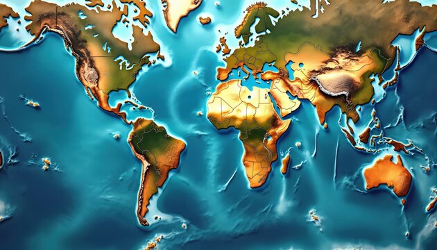 Vibrant 3D world map shows Earth physical landforms, ocean depths. Continents feature elevated mountain ranges, textured valleys. Blue ocean waters display varying bathymetry, underwater topography