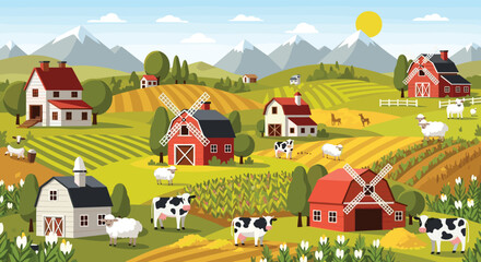 Idyllic countryside panorama featuring rolling hills, farms, windmills, houses, cows, sheep, mountains, and vibrant sunny skies.