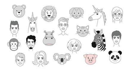 Collection of hand-drawn human and animal cartoon faces, featuring a mix of domestic and wild creatures alongside diverse individuals.
