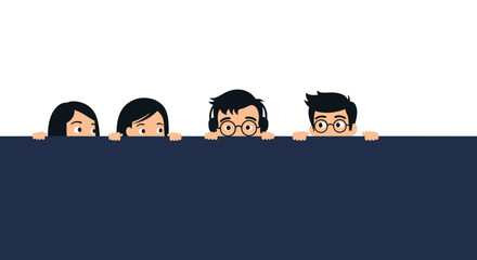 Four diverse cartoon characters peeking over a dark blue board with white background appear.