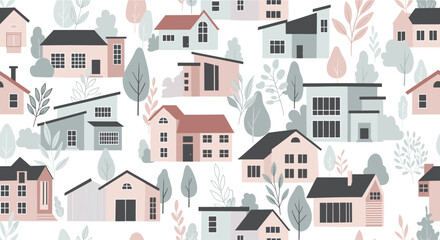 Seamless pattern of cute pastel houses and green trees creating a cozy and modern neighborhood illustration on a white background.