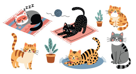 Cute cartoon cats in various poses with plants and yarn, perfect for pet-themed designs.