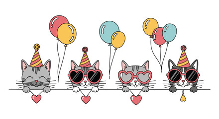 Cute cartoon cats celebrating a birthday with balloons and hearts, ready for a party.