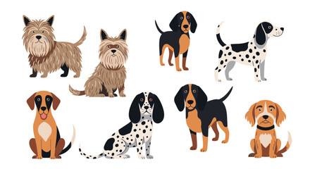 A diverse collection of cartoon dogs with different breeds and colors.