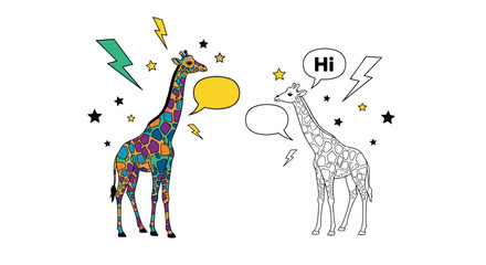 Two giraffes in a conversation, one colorful and one outlined, surrounded by stars and lightning bolts.