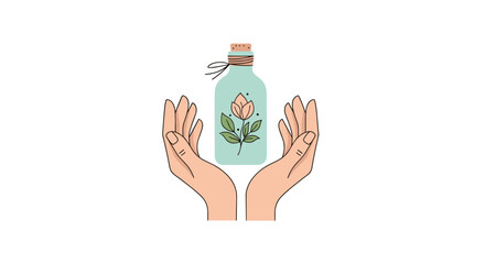 Illustration of hands gently holding a light blue bottle with a stylized pink flower and green leaves, symbolizing natural products and holistic well-being.